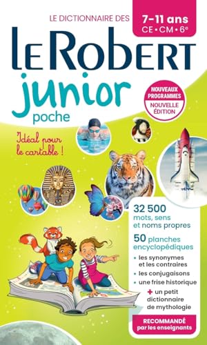 Cover of Le Robert Junior dictionary with illustrations of children, animals, and a shuttle.