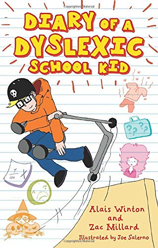 Book cover: boy on scooter, doodles, title “Diary of a Dyslexic School Kid.”