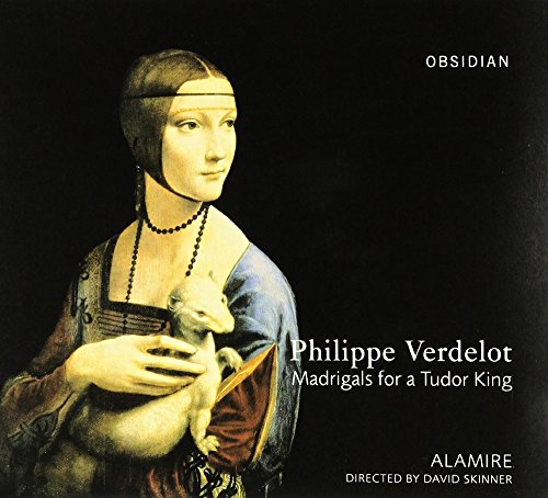 Renaissance painting of a woman holding a small white animal, album cover.