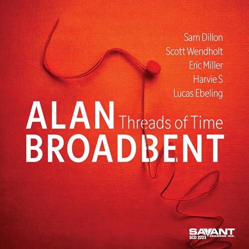 CD cover for Alan Broadbent’s “Threads Of Time” with red thread design.