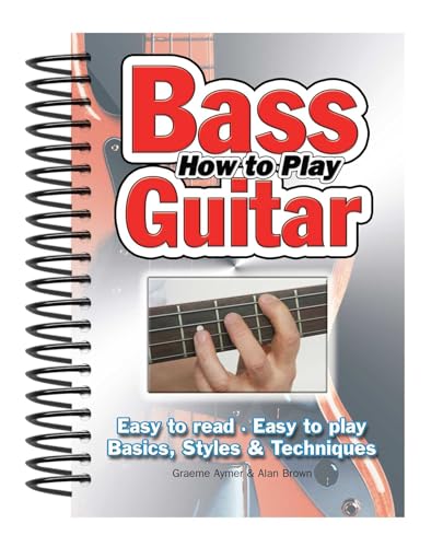 Spiral-bound “How to Play Bass Guitar” instructional book with hand position.