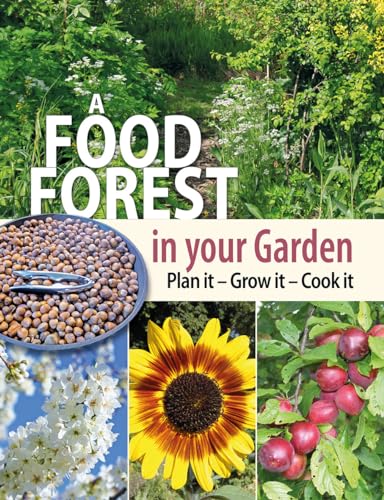 Book cover showing a lush garden, hazelnuts, white blossoms, a sunflower, and red plums.