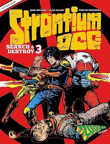 Sci-fi comic book cover featuring Strontium Dog and figures in action.