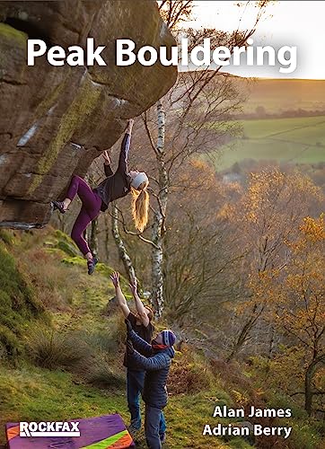 Book cover: "Peak Bouldering" with climber reaching on rock face.