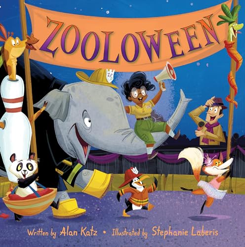 Children’s book cover featuring animals in Halloween costumes at a zoo.