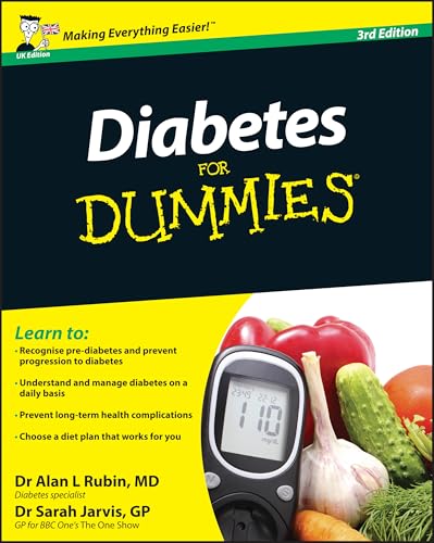 Book cover for Diabetes for Dummies featuring a blood glucose meter and fresh vegetables.