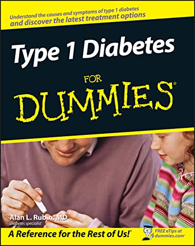 Book cover: "Type 1 Diabetes for Dummies" with a person checking blood sugar.