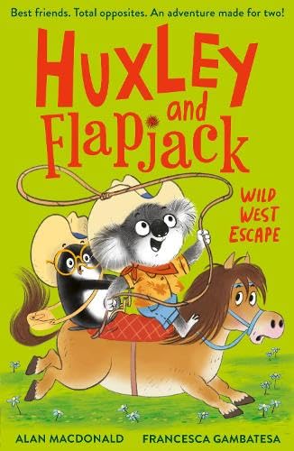 A koala and a penguin in cowboy hats ride a pony on a green background.