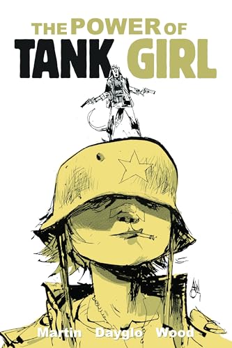 Comic book cover featuring Tank Girl standing on a helmet, holding guns.