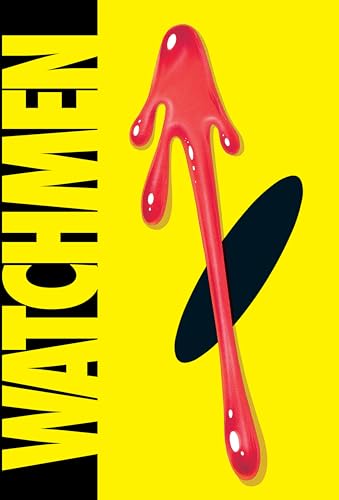 Watchmen book cover with yellow and black background, red blood-like splash.
