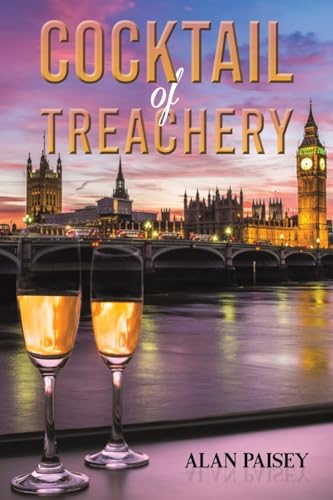 Book cover: “Cocktail of Treachery” with London skyline and wine glasses.