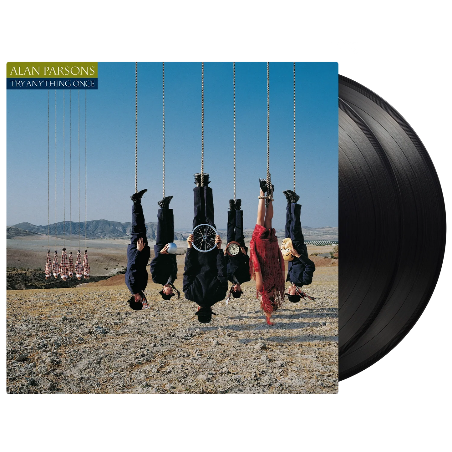 Alan Parsons album cover with hanging figures and a black vinyl record.