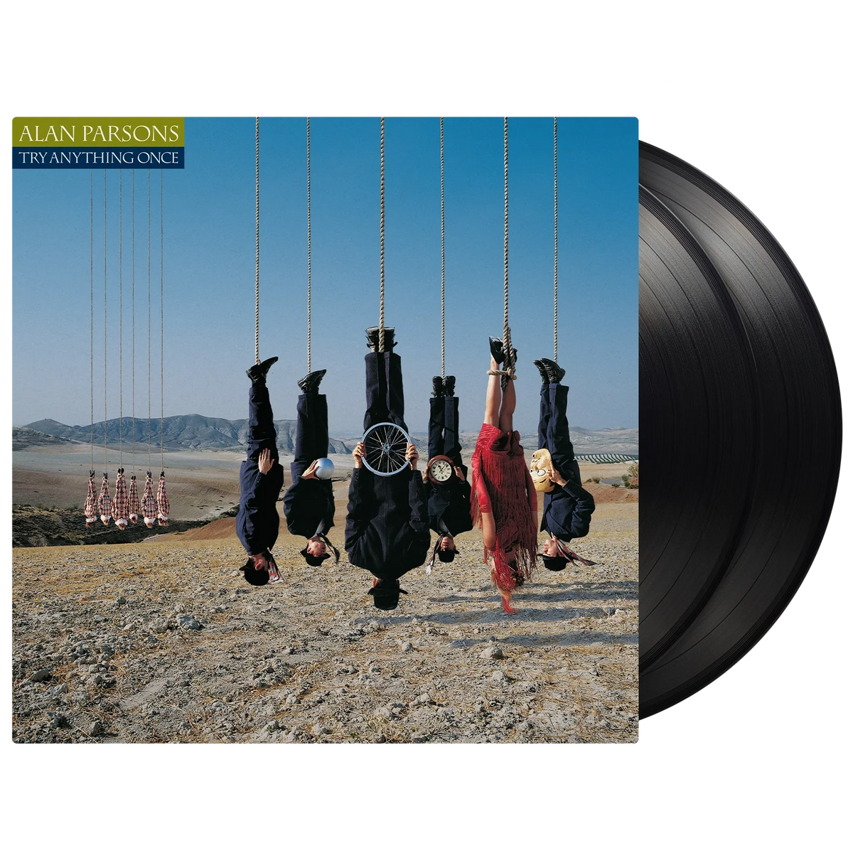 Alan Parsons album cover with hanging figures and a black vinyl record.