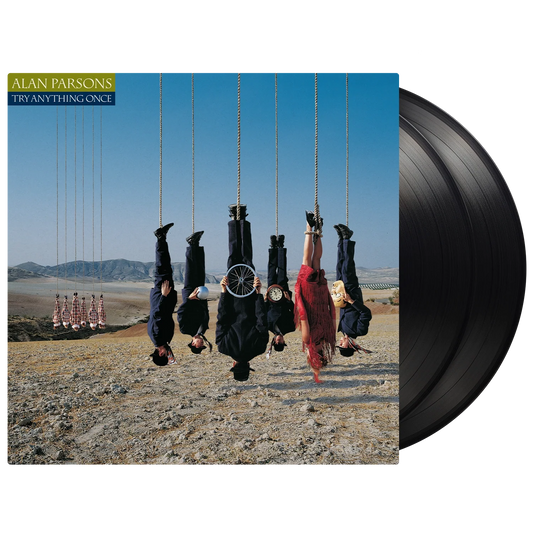 Alan Parsons album cover with hanging figures and a black vinyl record.