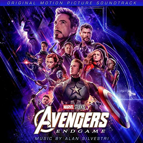 Avengers: Endgame soundtrack CD cover featuring the ensemble cast against a purple cosmic background.
