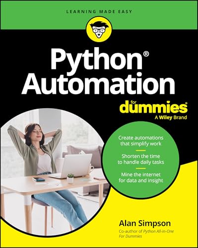 Book cover: "Python Automation For Dummies" with woman using laptop.