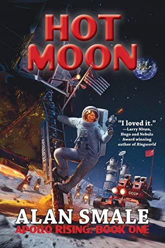 Book cover: astronaut on the moon with spacecraft and flags.
