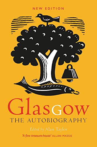 Book cover: orange background, black tree, fish, bell, and title "Glasgow.