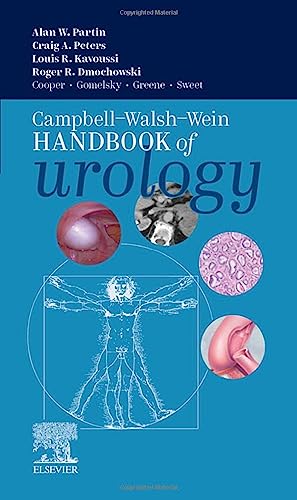 Blue urology handbook cover with anatomical illustrations and medical imagery.