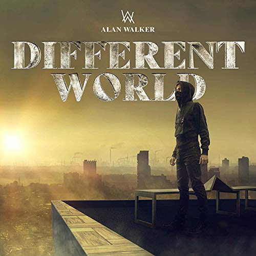 Alan Walker album cover, hooded figure overlooking a hazy cityscape.