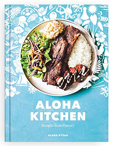 Cookbook cover featuring Hawaiian plate lunch and floral designs.