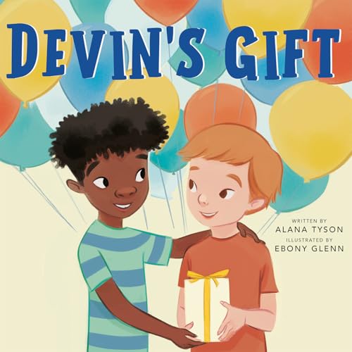 Book cover: two young boys with a gift and colorful balloons.