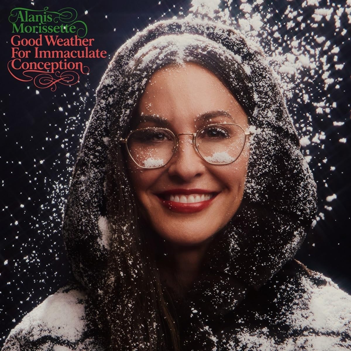 Alanis Morissette album cover, portrait with falling snow, wearing glasses.