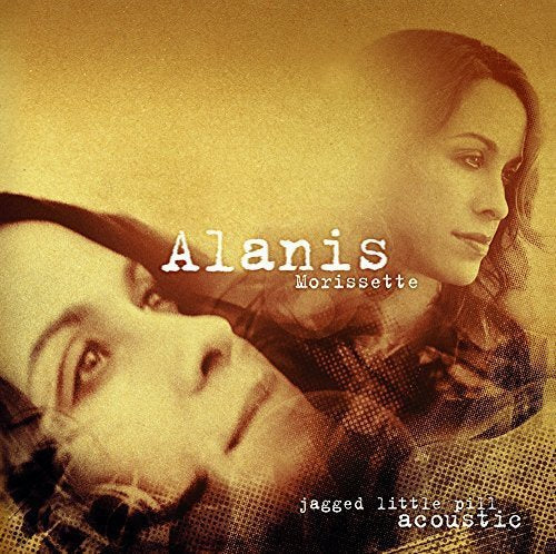 "Album cover with sepia-toned double exposure image of Alanis Morissette, text 'Alanis Morissette jagged little pill acoustic'."