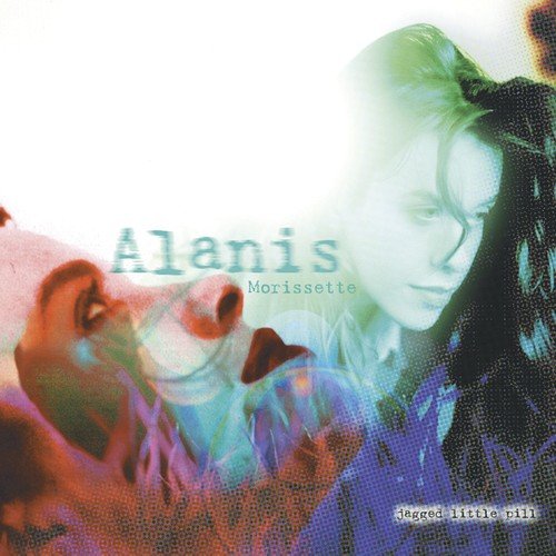 "Album cover of Alanis Morissette's 'Jagged Little Pill' with a double exposure portrait."