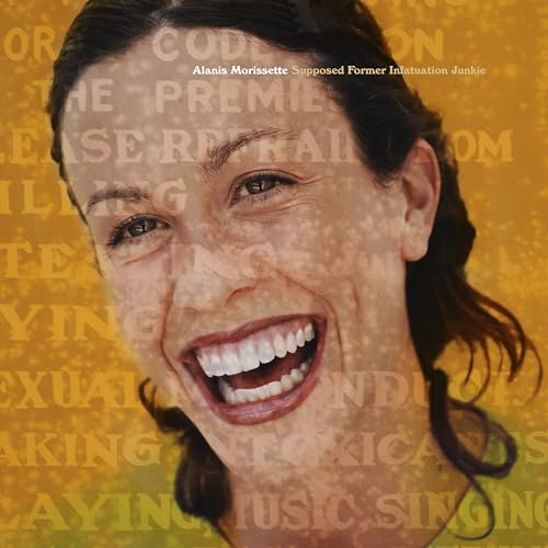 Alanis Morissette album cover, close-up of her smiling face, yellow background.