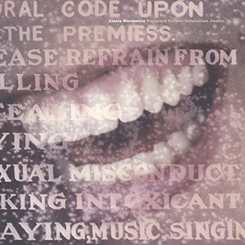 "Alanis Morissette album cover with text overlay on a blurry, close-up mouth image."