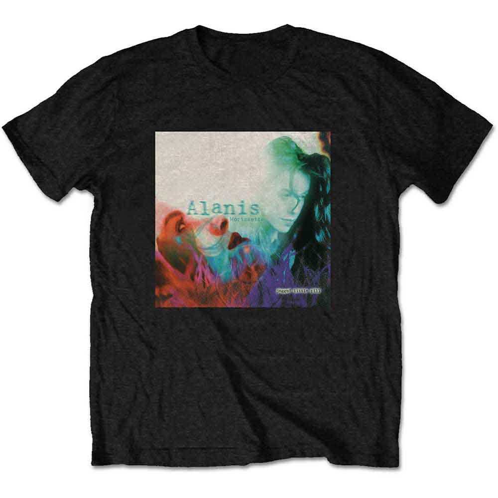 Black t-shirt featuring album art from Alanis Morissette’s “Jagged Little Pill.”