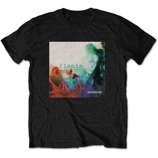 Black t-shirt featuring album art from Alanis Morissette’s “Jagged Little Pill.”