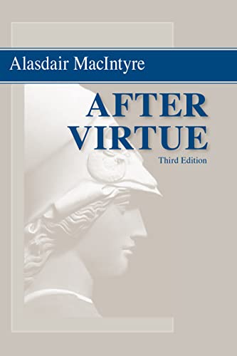 Book cover of After Virtue by Alasdair MacIntyre featuring a profile of a classical statue.