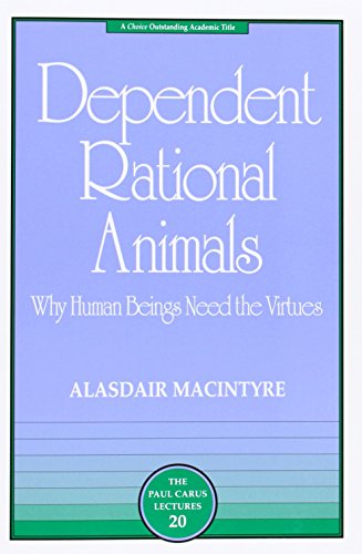 Book cover: "Dependent Rational Animals" by Alasdair MacIntyre, purple background.