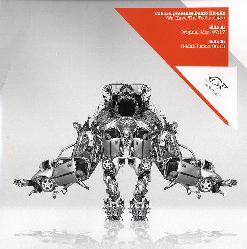 Robot constructed from car parts against a grayscale, textured background.