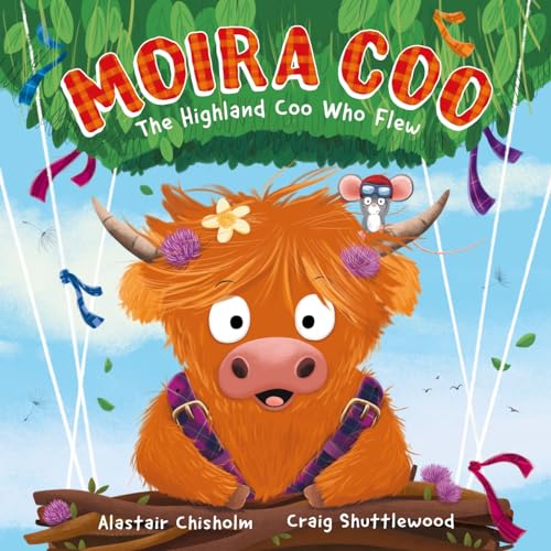A cartoon highland cow with a mouse on its head and colorful streamers.