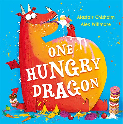 Red cartoon dragon reaching for an ice cream cone, surrounded by fruit.