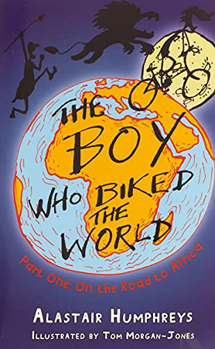 Book cover featuring a globe, a cyclist, and a lion against a purple background.