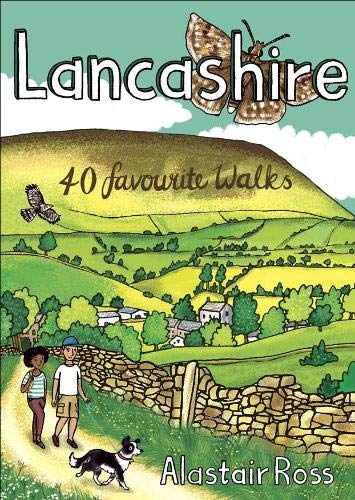 Book cover illustration showing two people and a dog walking in the Lancashire countryside.