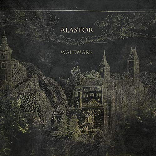 Dark, detailed engraving of a castle and surrounding hills, with text.
