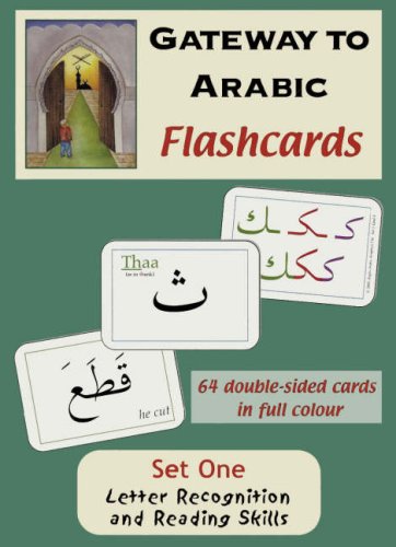 Arabic flashcards with letter examples and an arched doorway illustration.
