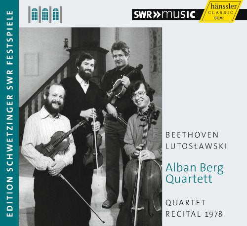 Black and white photo of the Alban Berg Quartet with their instruments.