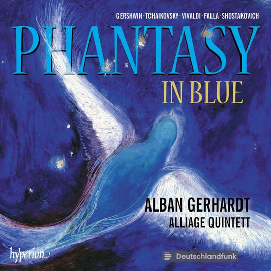 CD cover: abstract blue painting of a bird with musical composers’ names.