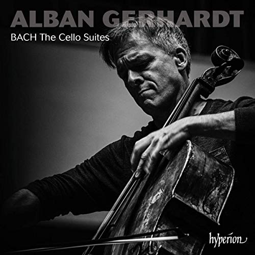 The image is a CD cover featuring a man playing a cello. alt text: Man playing cello with text "Alban Gerhardt" and "Bach The Cello Suites".