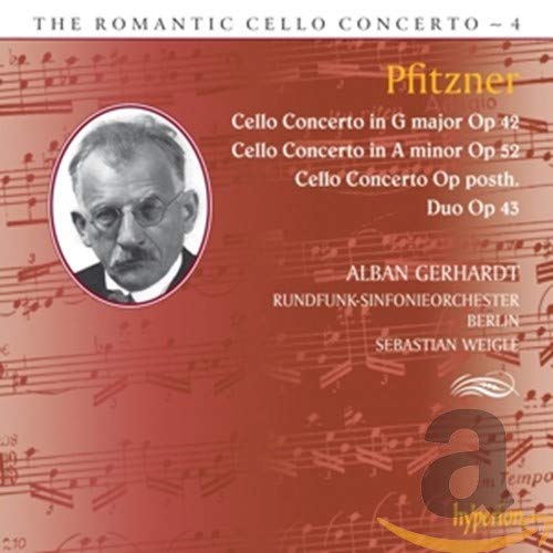 CD cover featuring Pfitzner's image, musical notes, and text listing cello concertos.