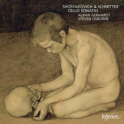 CD cover with sketch of a nude man holding a skull, titled "Cello Sonatas".