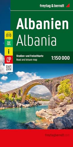 Albania road map cover with stone bridge image and scale 1:150 000.