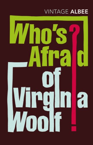Book cover for Who's Afraid of Virginia Woolf by Albee with stylized green and blue text.