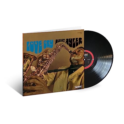 Albert Ayler’s “Love Cry” vinyl record with a saxophone player on the cover.
